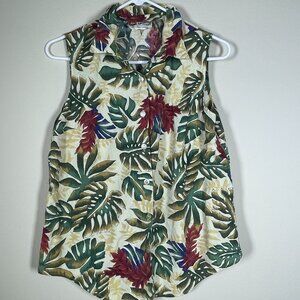 Hilo Hattie Hawaiian Sleeveless Button Front Tropical Floral Print Top Size Medi